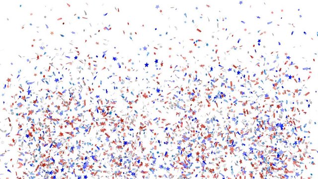 Blue, red and white festive confetti explosion falling down on a white background. Animation with alpha channel. Slow motion footage.