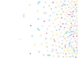 Cool 80s style memphis pink cyan yellow confetti flying scatter on white.