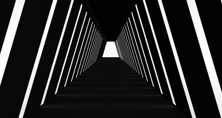 Naklejka premium Empty Long Light Corridor. Modern black background. Futuristic Sci-Fi Triangle Tunnel. 3D Rendering 