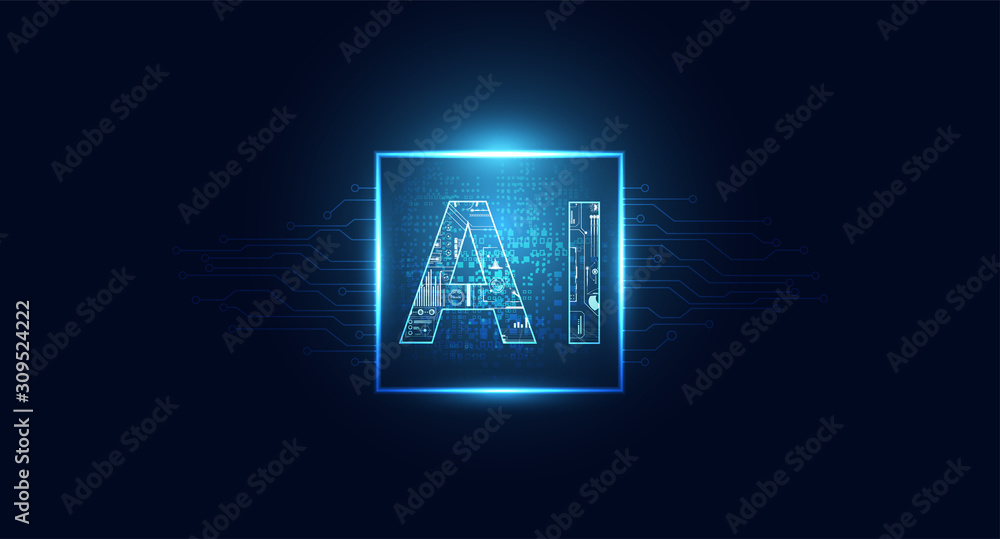 Poster abstract technology ai computing chipset on circuit board concept working data of artificial intelli