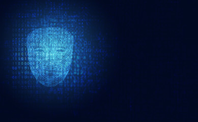 abstract hologram computing face  artificial intelligence for identity innovation on future design background.