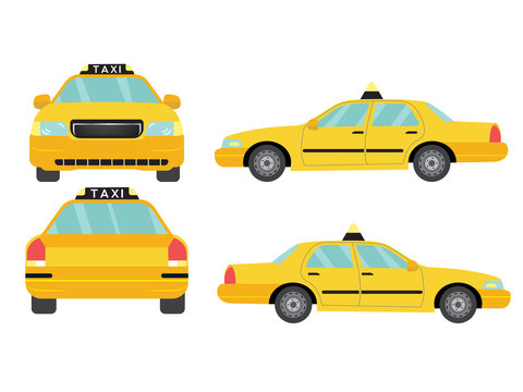 Set of yellow taxi car view on white background,illustration vector,Side, front, back