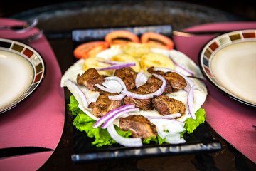 Dinner in Fancy Restaurant. Barbecue on the Table