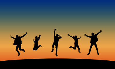 Group of people jumping  at sunset, vector silhouette.