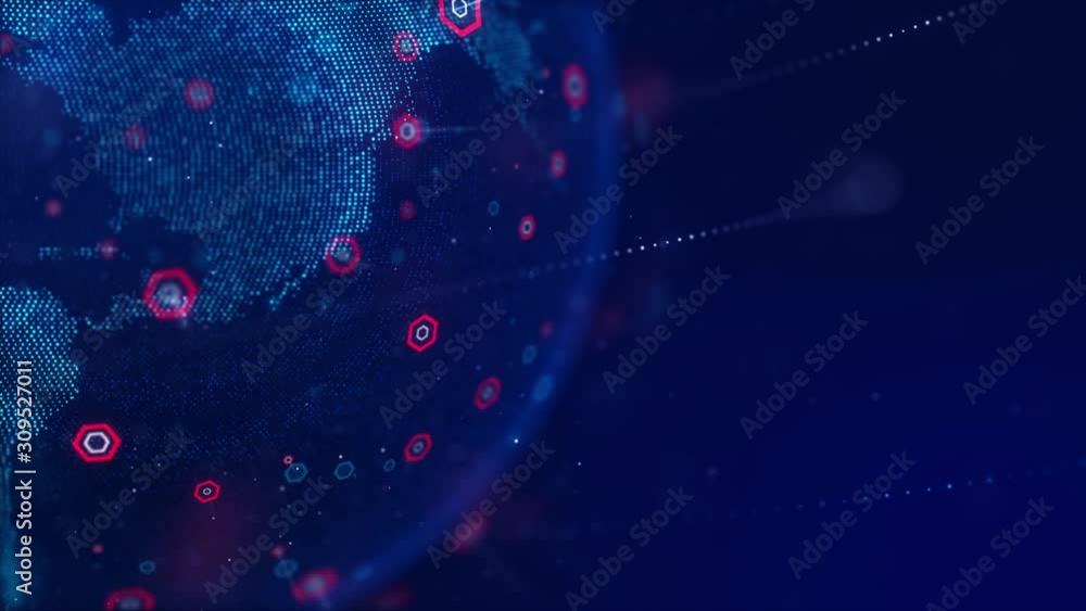 Poster dot and hexagon shape spinning globe with world map and particle lighting dust effect for cyber futu
