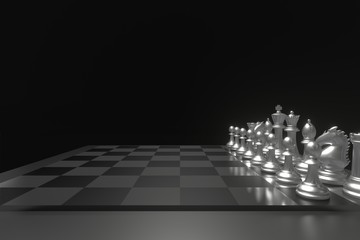 Set of chess checkmate concept .3D rendering illustration of silver metallic chess figures with major and minor pieces isolated on black background . High resolution 3D render image