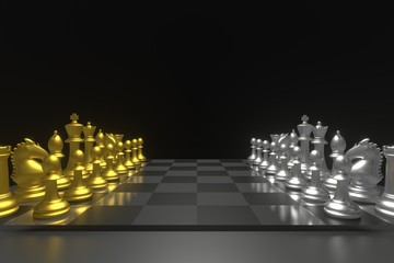Set of chess checkmate concept .3D rendering illustration of gold-silver metallic chess figures with major and minor pieces isolated on black background . High resolution 3D render image