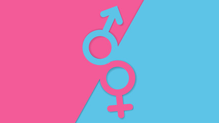 Paper art of male and female gender symbols with overlapping on pink and blue background