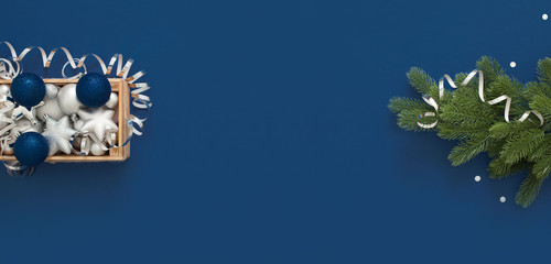 Classic Blue. Color of the Year 2020. Top view of workspace and copy space. Flatlay minimalism. New year.