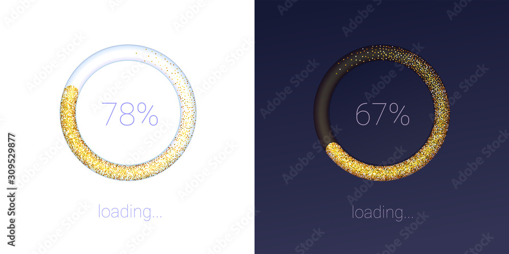Poster progress of loading bar for mobile apps. icons of luxury 3d web preloader of updates on light and da