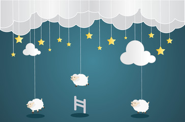 Sweet dream and Good night concept Background. Counting sheep to fall asleep. Cute cartoon sheep jumping over fence.