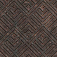 Roestige naadloze textuur met geometrisch patroon op een oxide metalen achtergrond, 3d illustratie