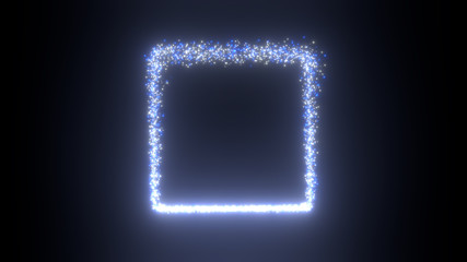 Abstract rectangle Text box 3d rendering illustration with particles fluorescent colorful light glowing neon line technology. copy space for advertisement