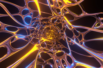 Abstract 3d rendering illustration .Organic structure network neutron metal membrane sci-fi background. 5G technology networking communication data cyber .Nanotechnology organization concept.