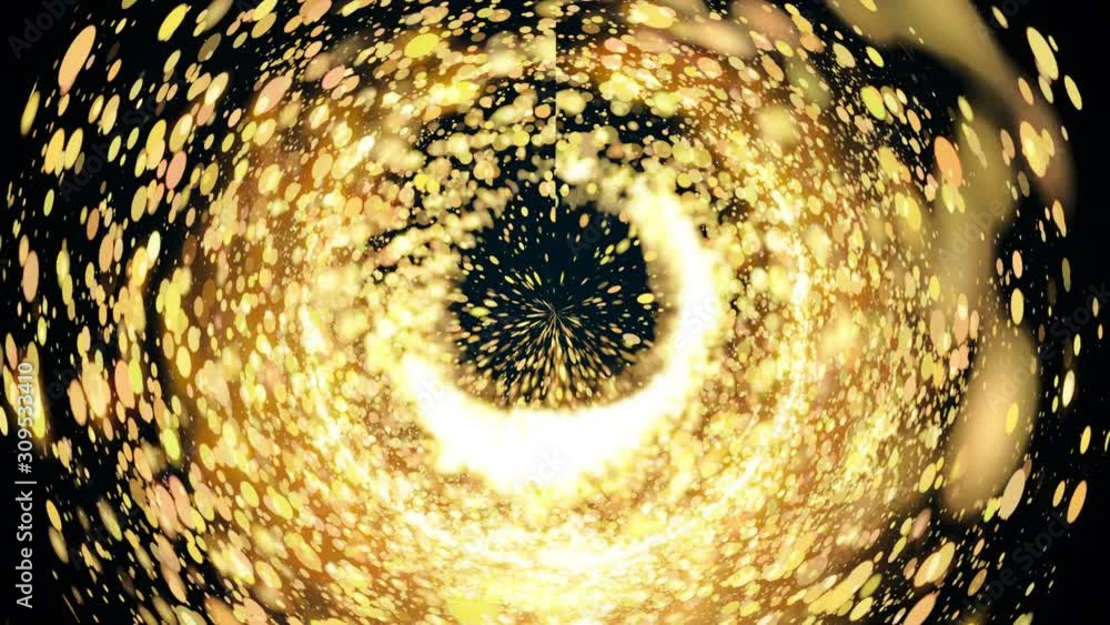 Poster computer generated abstract background. a chaotic stream of golden round particles and light creates