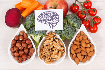 Drawing of brain and healthy food for power and good memory, nutritious eating containing natural minerals