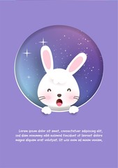 Obraz na płótnie Canvas Greeting card with cute rabbits in galaxy background. paper cut and craft style .