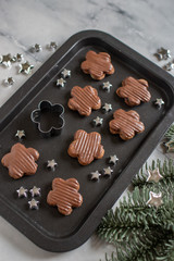 Traditional home made German Christmas Cookies on a festive christmas background