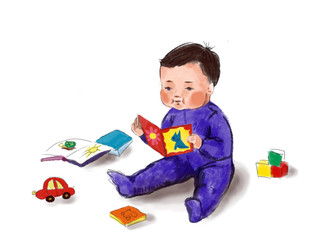 little boy reading book