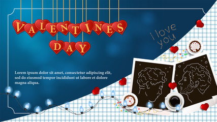 banner inscription Valentines day written in hearts that hang on strings coffee Cup photo of LGBT men for design on blue background garland frame