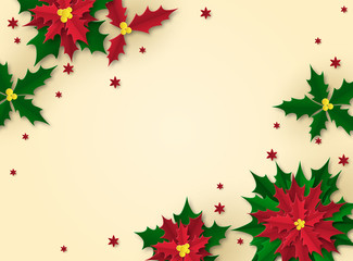 Background with a red flower. Christmas poster in paper art style. Poinsetia with green and red leaves. Place for text.