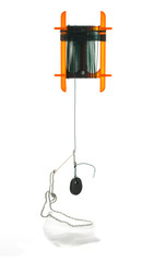 Orange crab-line with lead weights and bait bag on a white background.