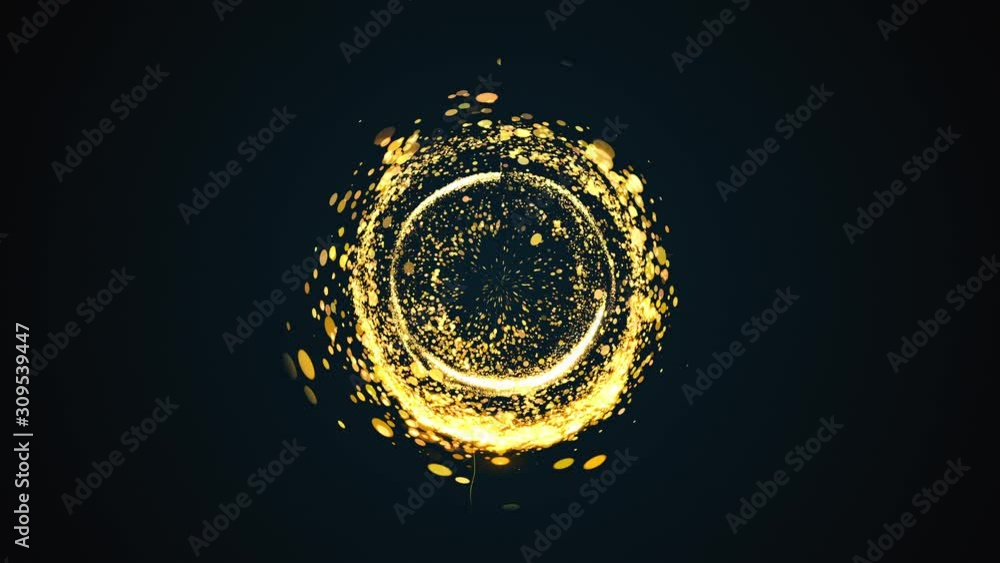 Poster computer generated abstract background. a chaotic stream of golden round particles and light creates