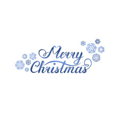 merry christmas lettering. handwritten calligraphic inscription and snowflakes. design element for greeting card, banner, invitation, vignette, flyer, ad. blue vector illustration