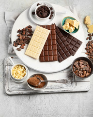 Dark bitter, milk and white chocolate,