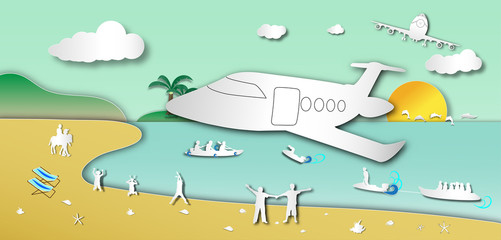 The plane is landing to the beach with sea view and boatman outdoor background of paper art style,vector or illustration with travel concept