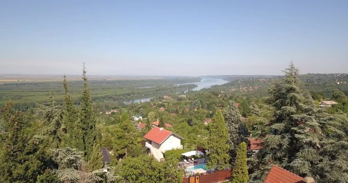 Aerial view of Grocka suburbs in Belgrade and Danube river