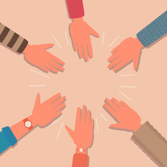 young people hands group round together, human arms, community, unity, celebration, friendship, teamwork concept isolated background. cartoon vector flat illustration