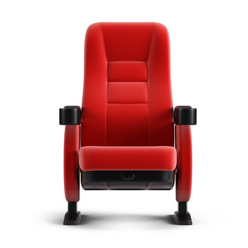 Cinema concept - Front view of red cinema chair isolated on white background. 3d illustration