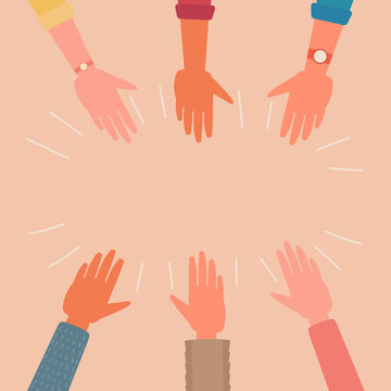 young human hand showing raised up for teamwork and unity concept, business, volunteer people, cultural diversity. flat vector cartoon illustration.