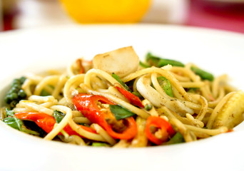 Close up Thai style spaghetti spicy seafood 