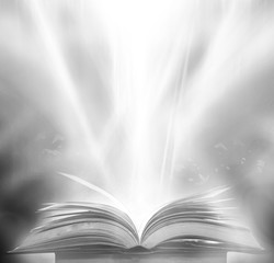 Imagine a picture book of an ancient book opened on a wooden table with a sparkling golden...