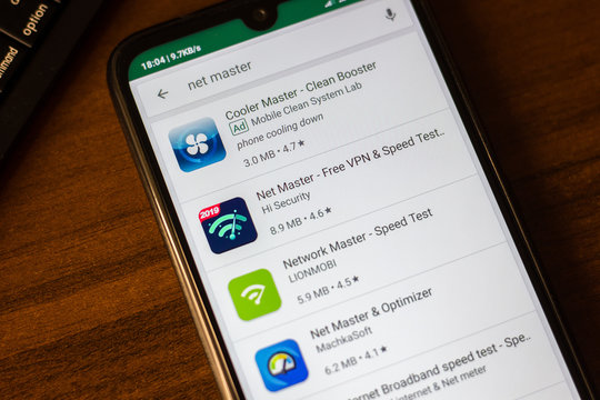 Ivanovsk, Russia - June 26, 2019: Net Master - Free VPN & Speed Test, WiFi Boost app on the display of smartphone.