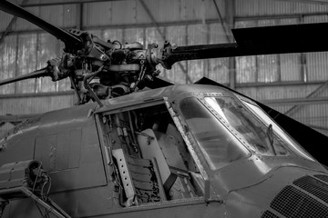 Airplane engine parts, Close up view on a part of old plane turbine with text and registration mark.