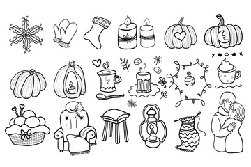 Collection, set vector Couple in love. Gentle hugs. Coloring page adult. Attachment. Romance, comfort. Man and woman love each other. Cozy. Hygge - Vector. Vector illustration