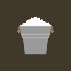 Pail with white ice. Small metal bucket with pile square ice cubes. Icon. Vector illustration on white background.