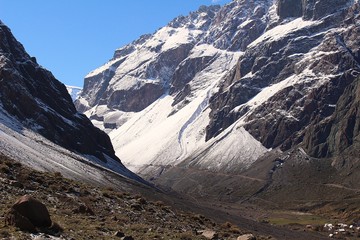High peaks of snowy mountains in Cajón del Maipo, in the central Andes of Chile.