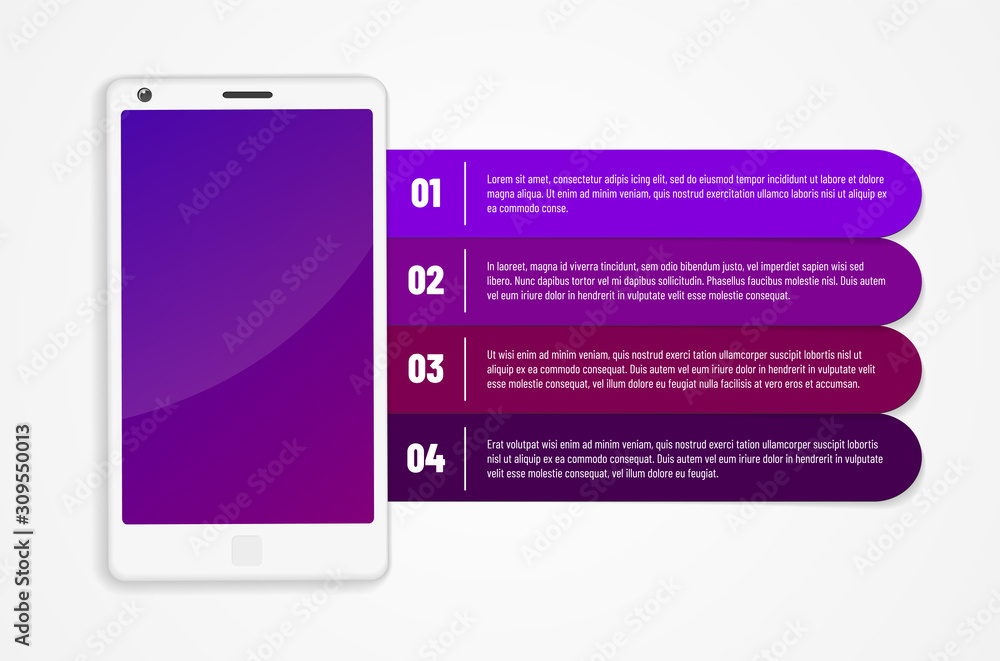 Poster abstract mobile phone with blank display and four infographics options