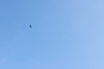 Beautiful gradient sky and motor plane on background.
