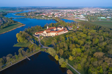 Fototapeta na wymiar View of the old Nesvizh castle on a May morning (aerial photography). Belarus