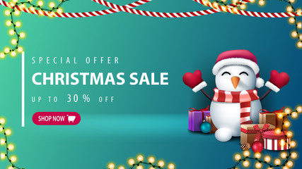 Special offer, Christmas sale, up to 30% off, green discount banner with pink button, garlands and snowman in Santa Claus hat with gifts