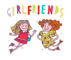 Image of two girls bridesmaids in colored dresses and bright shoes. Color illustration, well suited for a poster in the nursery, postcard, invitation.