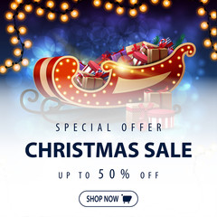 Special offer, Christmas sale, up to 50% off, square discount banner with blue blurred background, frame of garland and Santa Sleigh with presents