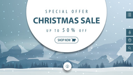 Special offer, Christmas sale, up to 50% off, discount banner for website with gray and blue winter landscape on background