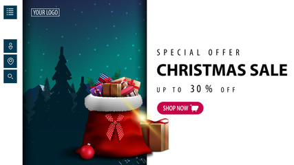 Special offer, Christmas sale, up to 30% off, white discount banner for website with pink button, green landscape on background and Santa Claus bag with presents