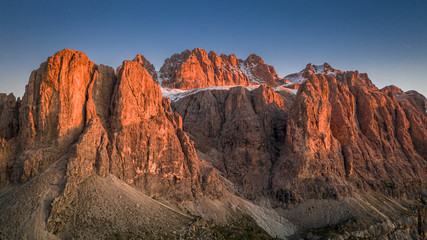 Passo Gardena in Dolomites at sunset, Italy